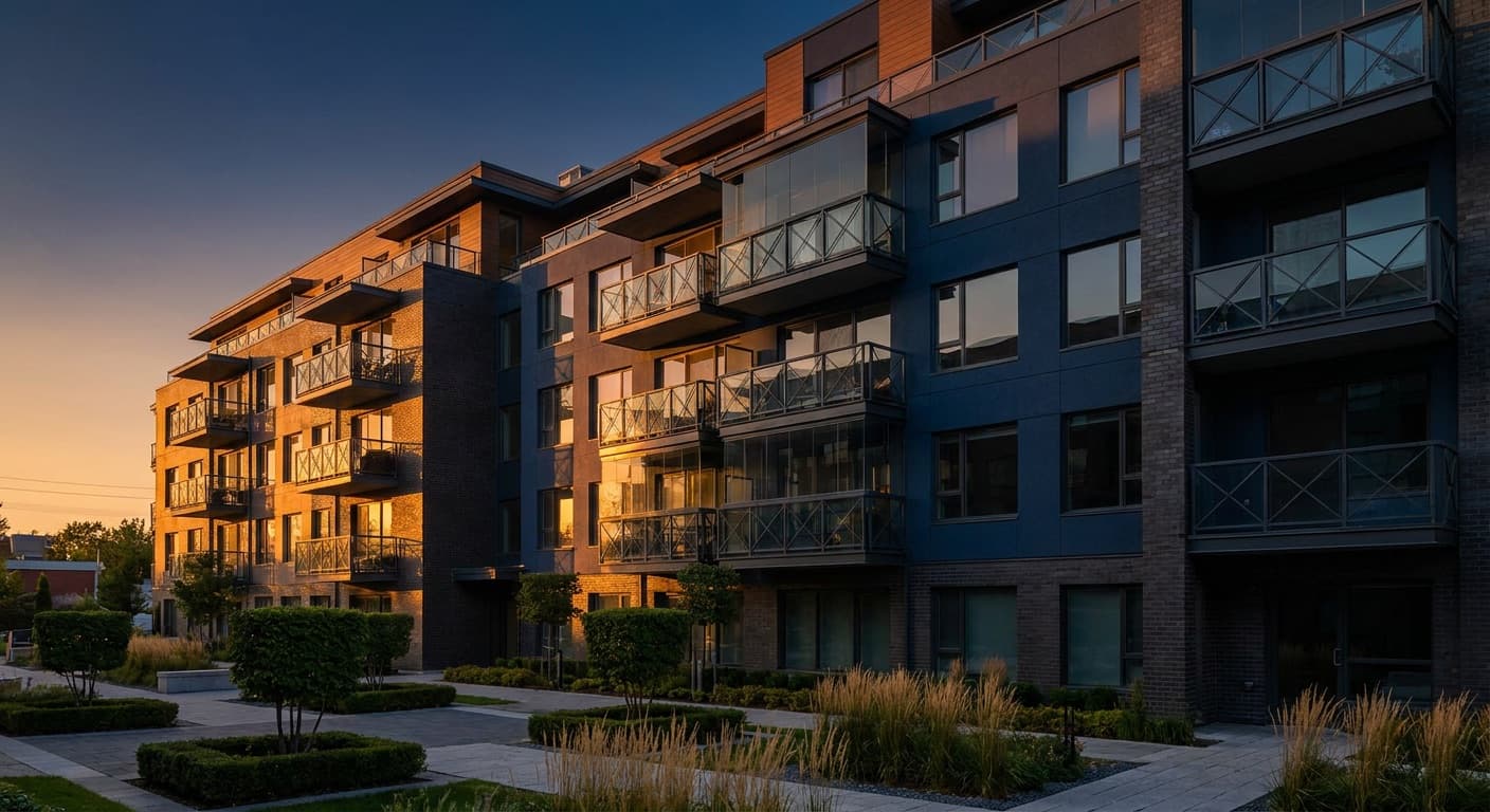 Façade d'un immeuble résidentiel moderne à l'heure dorée